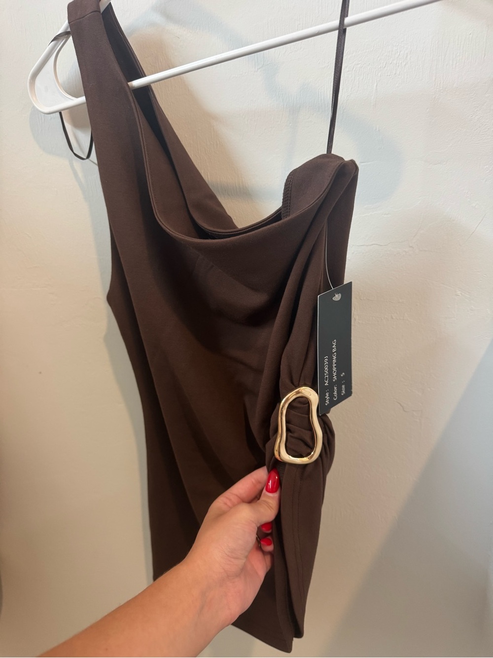 Brown One-Shoulder Women’s Dress with Gold Accent